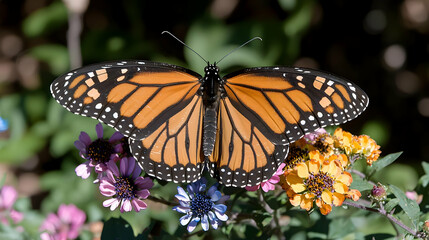 Monarch butterfly on flowers, garden, sunny day, nature