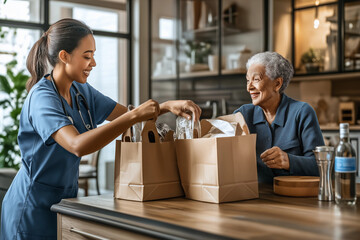 A nurse or social worker helping elderly with groceries, senior home care. Professional healthcare workers