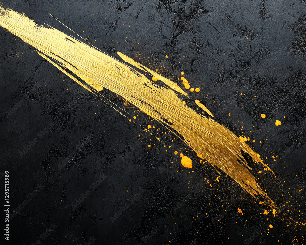 Poster dynamic abstract brushwork with a bold golden paint streak on a textured black background, symbolizi