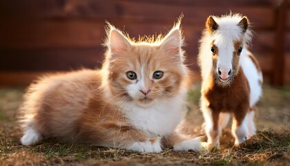 Playful Bond between a Little Red Kitten and a White Shetland Pony under Twilights Soft Glow, Capturing Joy and Friendship in Rustic Countryside.