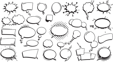 Fototapeta premium Vector Icon Set - Comic Speech Bubbles, Thought Clouds, Explosion Shapes, Halftone Shading, Line Art, Pop Art, Transparent Background