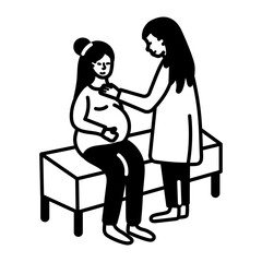 Pregnant woman at a doctor visit, doodle icon

