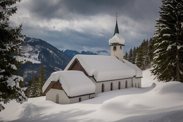 A photo of the Schnee Kirche (Snow Church) in Switzerland. The church is covered in thick layers of snow