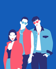 Stylish illustration of three young people in casual outfits standing against blue background