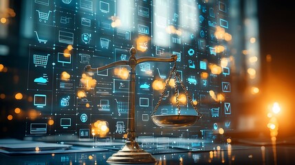 Fototapeta premium Golden scales balancing digital icons, representing justice in virtual office with bright background