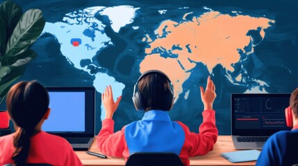 Teacher leading a global online class, students from different countries connected through a virtual education hub