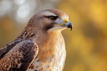 A close-up view of a bird of prey's face, with sharp features and piercing eyes