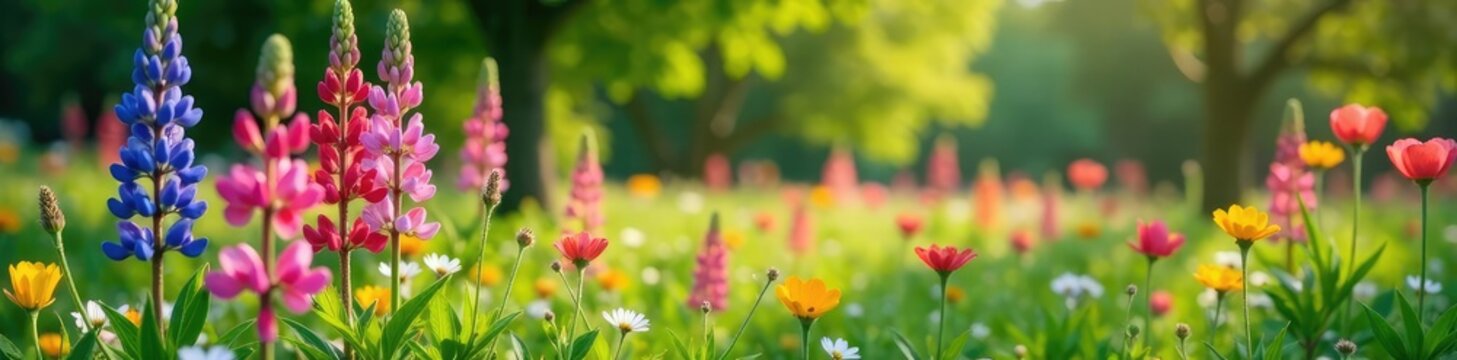Lupinus mutabilis in a garden with other flowers, branches, meadow, trees