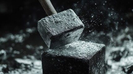 Crushing Force: A Hammer Striking a Stone Block