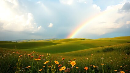 Cloudy Sky with Bright Rainbow Over Rolling Hills