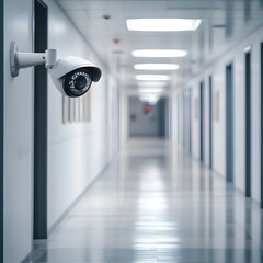 Surveillance Camera in Modern Office Hallway with Bright Lighting