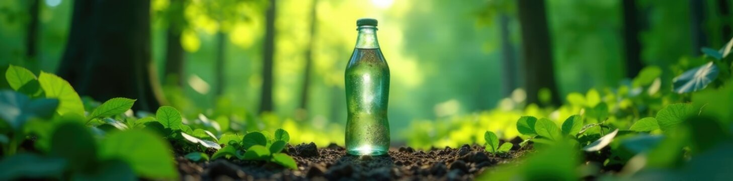 Lush forest foliage surrounds a clear glass water bottle, trees, glass water bottle, leaves
