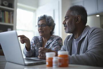 Senior Indian couple having online telemedicine consultation with remote doctor. Ordering pills at pharmacy. Healthcare video call