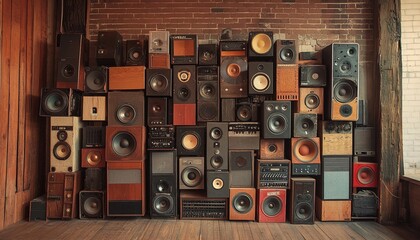 Obraz premium A wall full of different sizes and styles of speakers, a vintage-style setting, wood floors, and a brick wall
