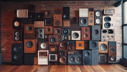 Obraz premium A wall full of different sizes and styles of speakers, a vintage-style setting, wood floors, and a brick wall
