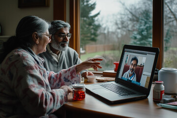 Senior Indian couple having online telemedicine consultation with remote doctor. Ordering pills at pharmacy. Healthcare video call