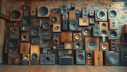 Obraz premium A wall full of different sizes and styles of speakers, a vintage-style setting, wood floors, and a brick wall