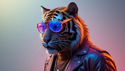 A tiger wearing sunglasses and a leather jacket
