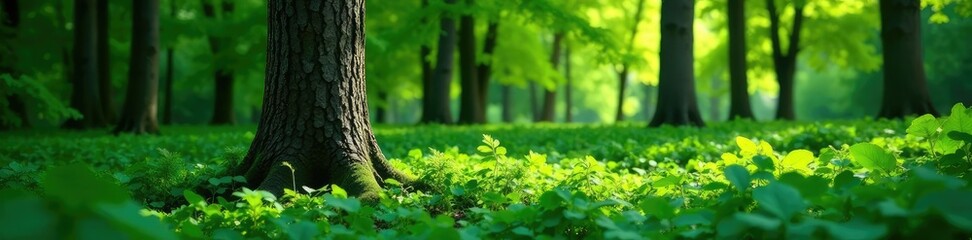 Obraz premium Lush green foliage surrounds a solitary tree trunk, Leaves, Leafy, Forest