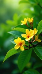 lush green foliage with clusters of bright yellow flowers, plumeria, branch, nature