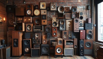Obraz premium A wall full of different sizes and styles of speakers, a vintage-style setting, wood floors, and a brick wall