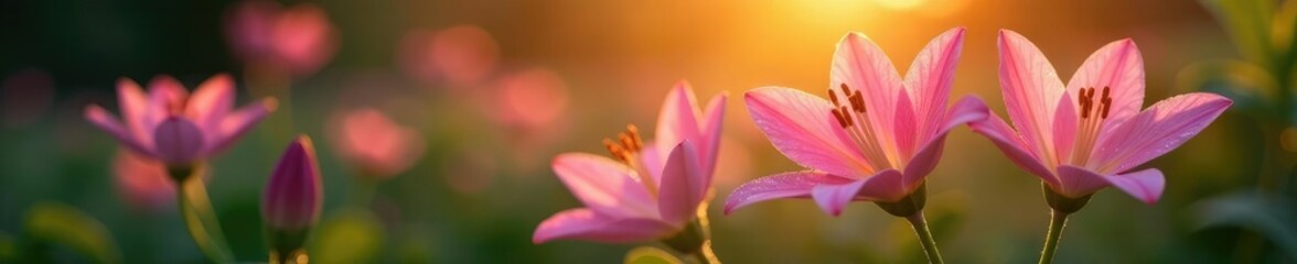 Fototapeta premium Pink lily flowers with dew drops glistening in the morning light, sun, water