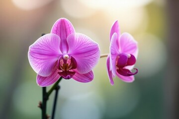 Obraz premium Pink orchid petals curved around a central stem in a naturalistic pose, curved, nature