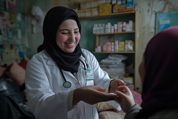 Muslim nurse consulting a patient in a pharmacy. Healthcare and medicine