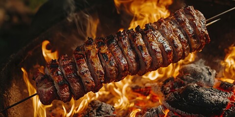 Photo of a kebab on the grill, with meat hanging from one end and arranged in layers to form a long, cylindrical roasting piece for kebab cooking. 