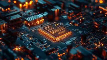 Abstract Technology Background Digital Circuit Board Glowing Orange Microchip Electronic Components High Tech Innovation Modern Design Futuristic     