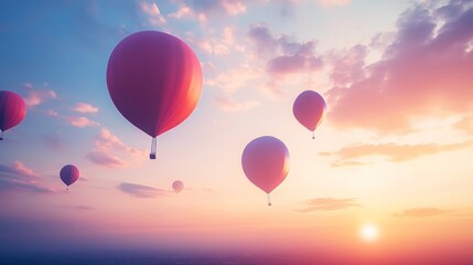 Fototapeta premium A dreamy view of hot air balloons at sunset against a soft, cloud filled sky