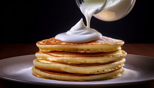Fotograf&iacute;a de estudio profesional yogur blanco espeso parece que se echa naturalmente sobre los panqueques. Tiene una textura suave y esponjosa, asim&eacute;trica., estilo ultrarrealista, realista, 4k
