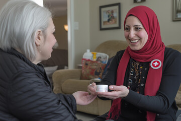 Muslim nurse, social worker helping senior woman. Healthcare and medicine