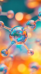 Close-up view of water molecules showcasing carbon and hydrogen atoms with vibrant color gradients in a blurred background