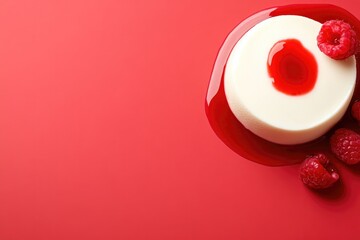 Delicate dessert on vibrant red background, garnished with fresh