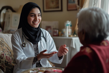 A young muslim nurse in hijab consulting a patient. Healthcare and medicine