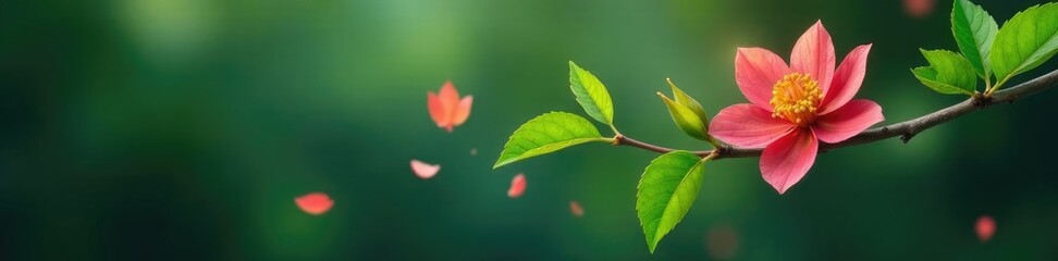 Single branch with a few scattered, colorful petals, green, colored petals