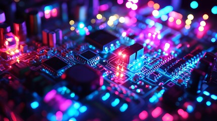 Obraz premium Abstract Technology Background Futuristic Circuit Board Design Neon Pink Blue Glowing Lights Digital Art High Tech Innovation Electronic Components 