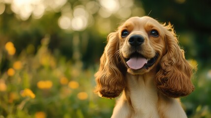 A dog taking a break in a lush meadow, tongue out