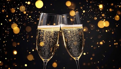 Two champagne glasses clinking together, with golden bubbles against a black background