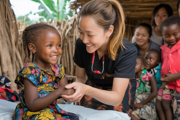Humanitarian aid in African villages. Medical volunteers helping African kids. Nurses making healthcare exam.