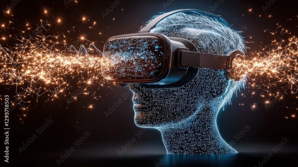 Poster futuristic digital headset with wireframe sphere and glowing data visualizations creating an immersi
