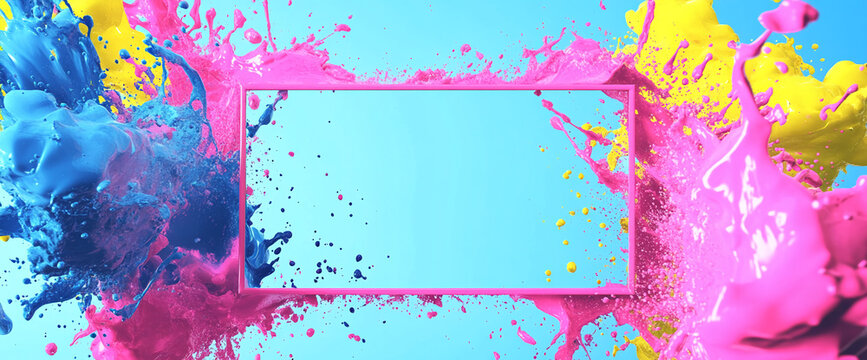 A dynamic explosion of pink, yellow, and blue paint splashes around a blank rectangular frame, symbolizing creativity, colorful design, and space for customization or advertising.