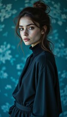 Naklejka premium Woman with long hair tied in bun is wearing a dark, loose-fitting turtleneck sweater. Fashion, lifestyle, and interior design themes.