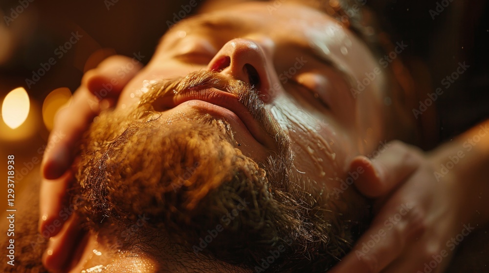 Poster a man enjoys a soothing grooming experience as warm oils are applied to his beard. soft lighting cre