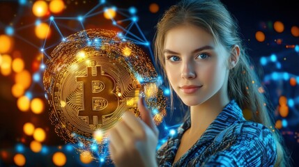 Naklejka premium Blonde woman holding glowing bitcoin symbol in futuristic digital finance and cryptocurrency concept Concept of blockchain technology digital currency cryptocurrency trading