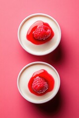 Creamy dessert topped with bright raspberry sauce, vibrant pink