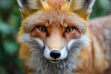 A close-up view of a red fox's face, with its distinctive features and fur texture visible