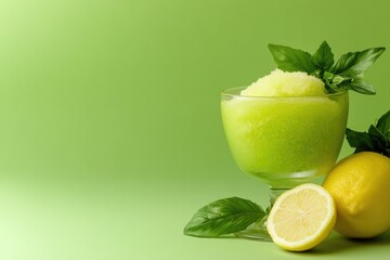 Fototapeta premium Refreshing green dessert garnished with fresh basil and zesty le