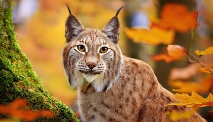 Obraz premium Autumn Glow Ignites an Enchanting Gaze of a Cute Eurasian Lynx Among Ablaze Oak Leaves, Frosty Morn in the Orangewood Forest, Embracing Natures Majesty and Serenity